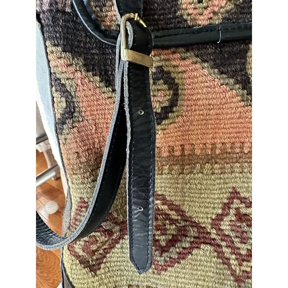 Vintage Purse Woven Jute Leather Crossbody Black Brown Rug Kilim Messenger Bag - Picture 11 of 16